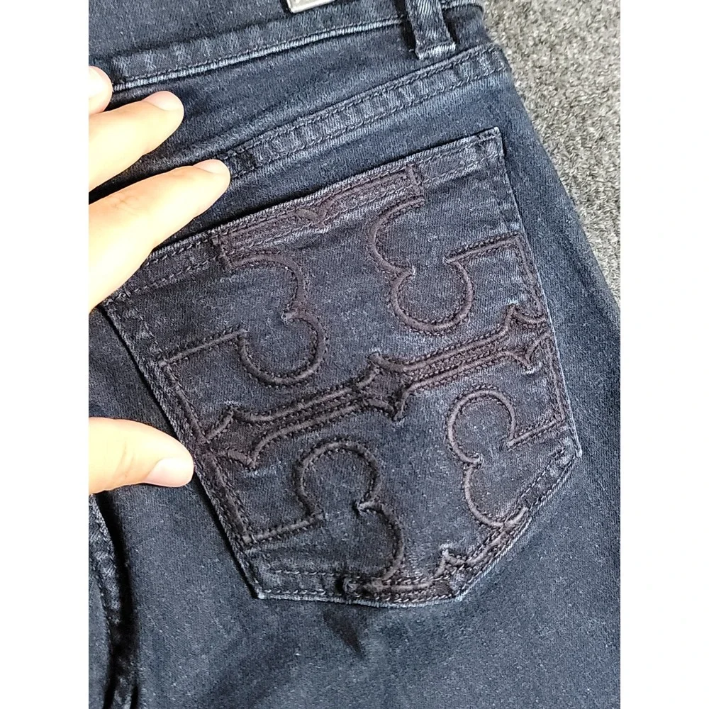 Tory Burch Jeans Womens 27 (Fits 29) Bootcut Denim Logo Back Pockets Dark Wash